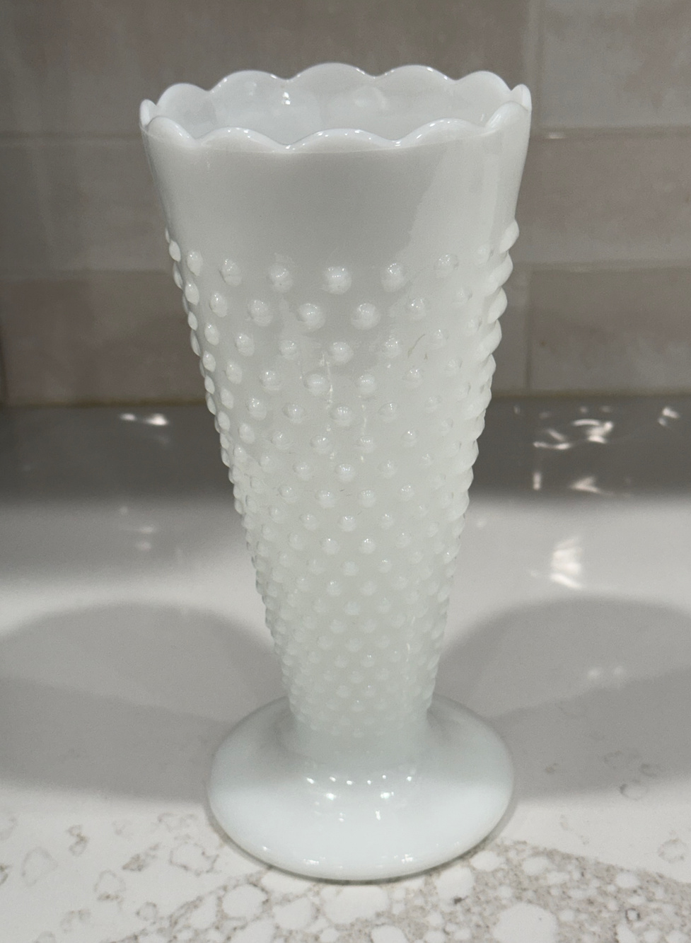Vintage Anchor Hocking Hobnail Bars Milk Glass Trumpet Vase Fluted Ruffled 9.5"